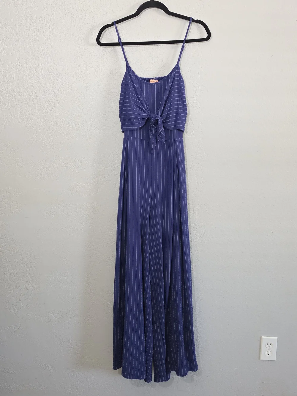Flying Tomato Navy Pinstripe Tie Front Wide Leg Jumpsuit Adjustable Women Medium - Picture 3 of 10